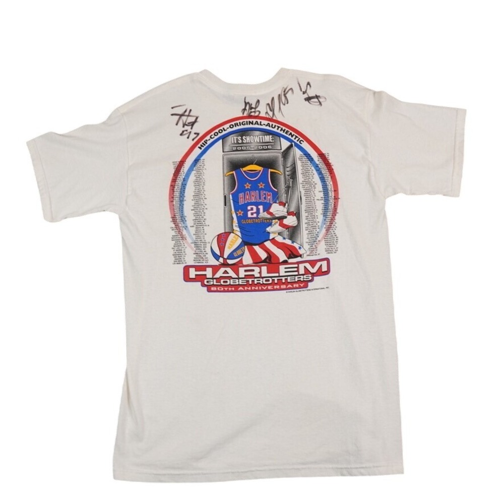 Harlem Globetrotters Shirt Men's Medium White Print 2006 80th Anniversary Signed